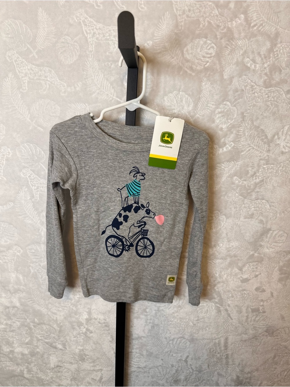 John Deere Gray Long-Sleeve Kids Tee with Navy & Teal Animal Bike Graphic